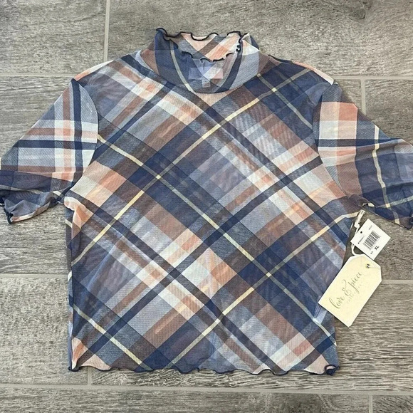Love & Piece Tops - Love & Piece Sheer Cropped Top Size XL Plaid Blue Pink White Stretch NWT